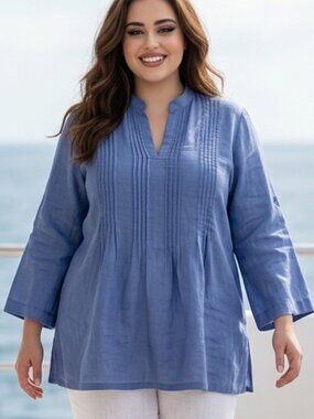 Womens Linen Pink Tuck 3/4 Sleeve Top 1X Boho Coastal Lagenlook Beachy Vacation